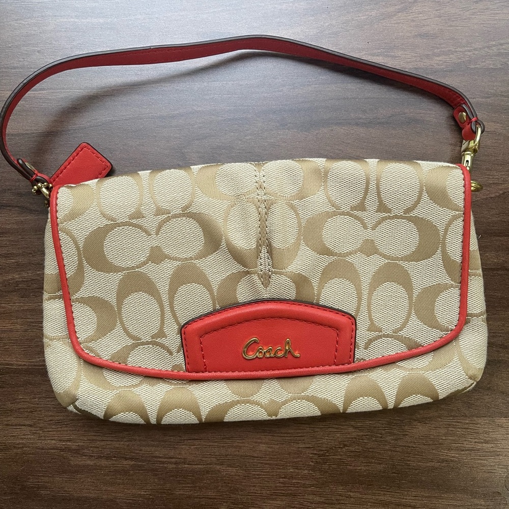 Coach Cream and Orange/Red Clutch with Signature Style